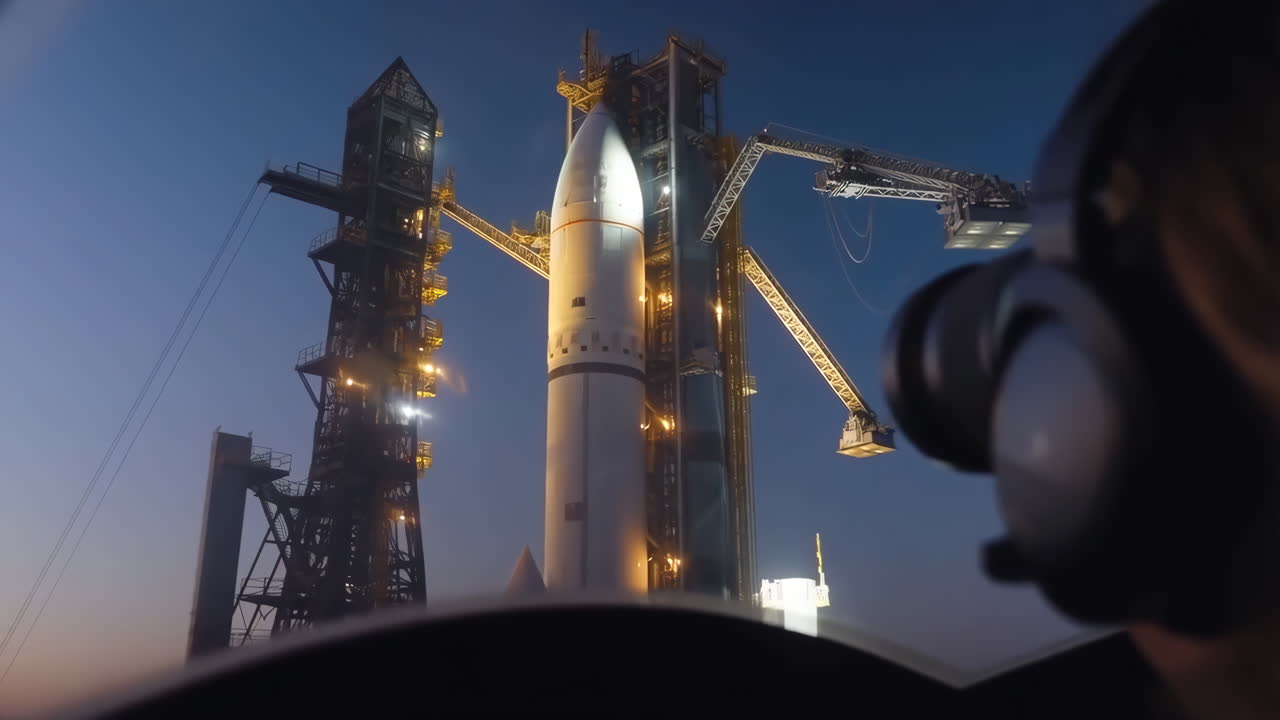 A rocket on a launchpad at dusk or night, viewed by an observer with headphones and a camera