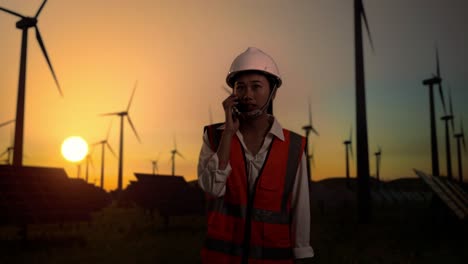 asian female engineer in a helmet standing in front of wind turbines rotating at sunset, talking on smartphone and looking around