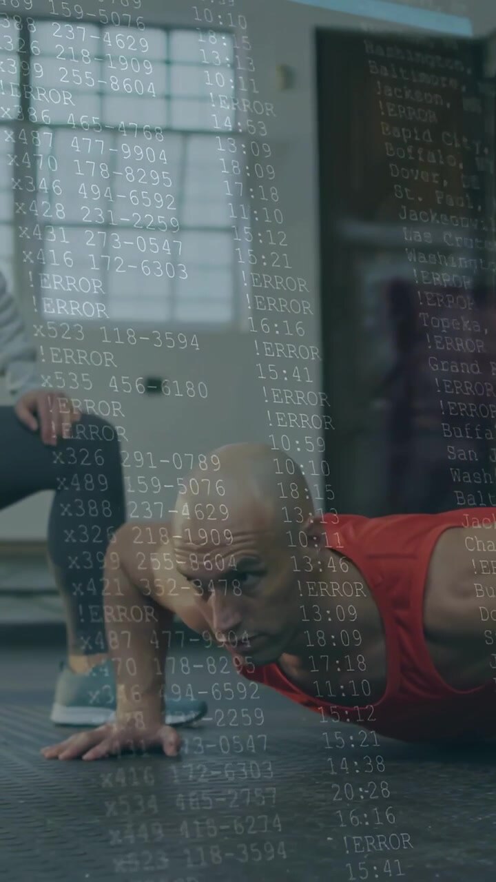 Vertical video: Man doing push-ups on rubber gym floor, trainer monitoring, ERROR overlay appearing