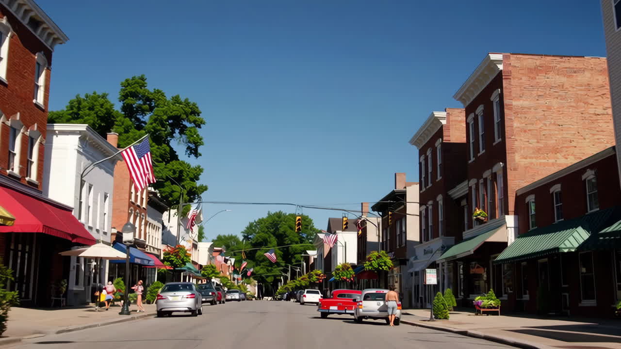 Summer Day Drive on a Historic Small Town Street with Classic Cars