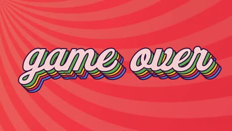 animation of game over text in colourful letters on red background