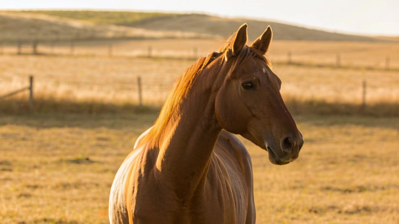 Cavalo castanho virando-se para um movimento fora da tela perto da cerca, com a cauda chicoteando e a luz do sol na crina.