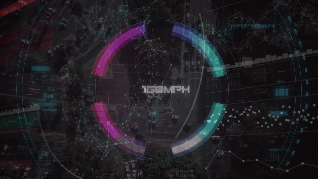 animación del escaneo de alcance y la red de conexiones sobre el paisaje urbano