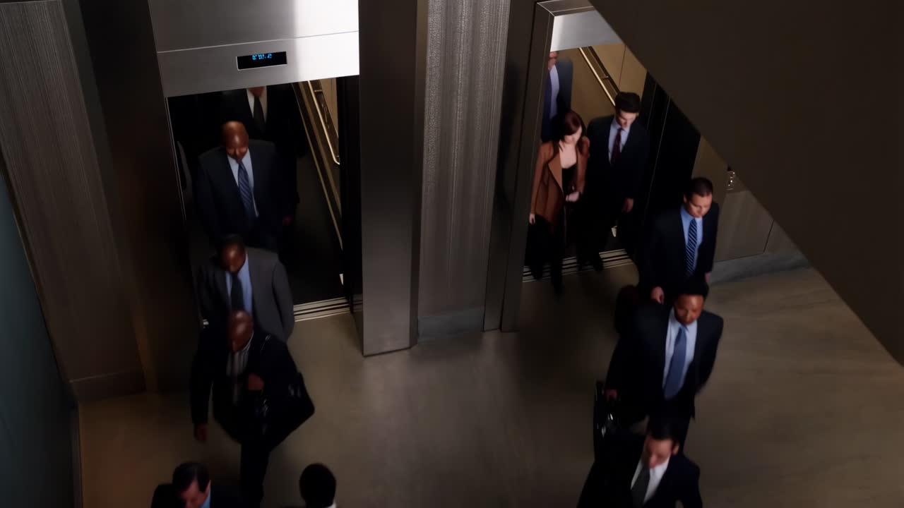 Business Professionals in a Modern Building Lobby with Elevators
