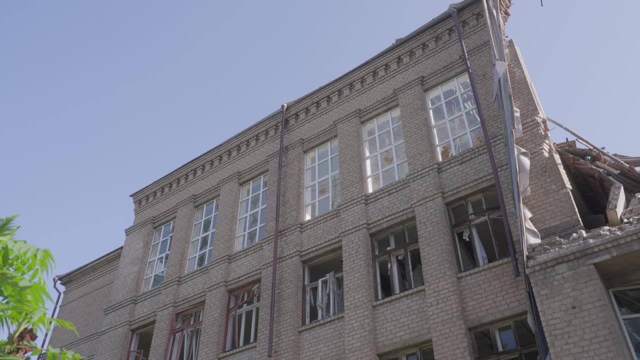 Partly collapsed building in Ukraine during Russian invasion