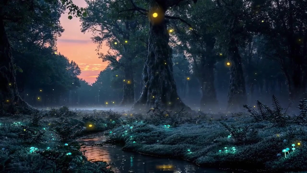 Foresta magica con lucciole luminose e funghi bioluminescenti al crepuscolo