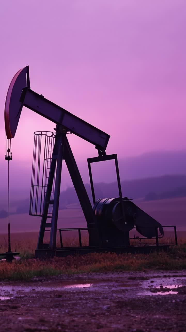 Silhouette of an oil pump jack against a purple sunset sky, showcasing the energy industry and natural resources in a rural landscape, with a tranquil ambiance