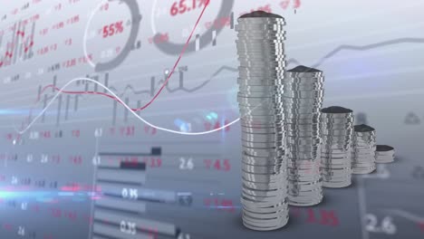 animación del procesamiento de datos financieros sobre pilas de monedas de plata