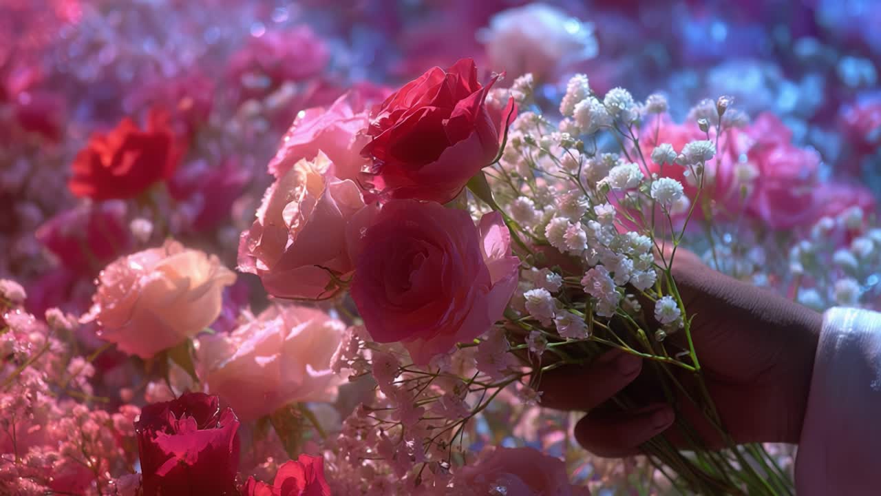 A Captivating Moment of Exchange Amidst a Vibrant Floral Display, Featuring Lush Roses and Delicate Baby's Breath in a Mesmerizing Colorful Atmosphere