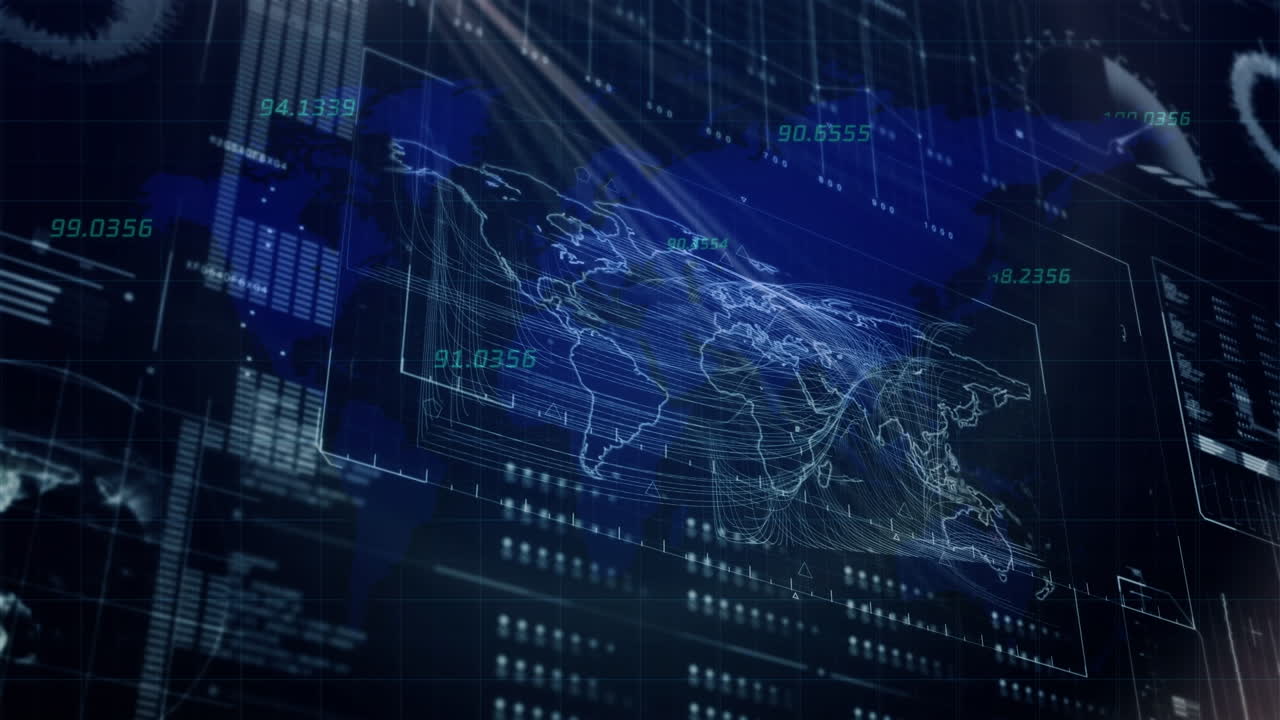 Animation of financial data and graphs over navy digital screen with world