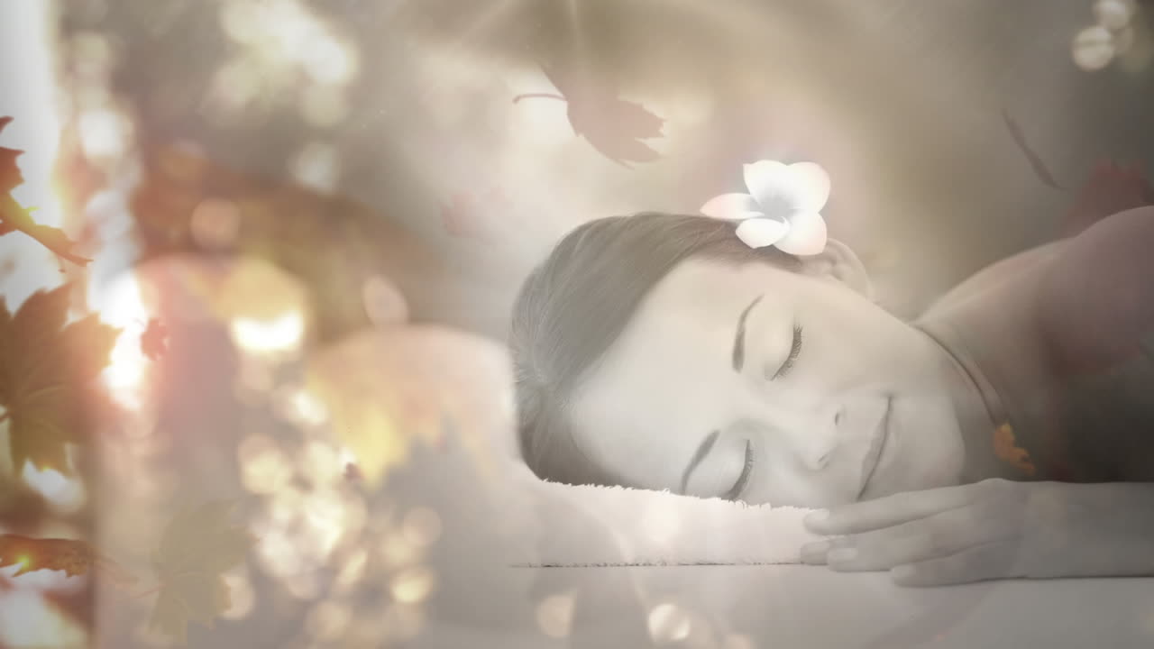 메이플 잎 을 가진 스파 에 있는 여자