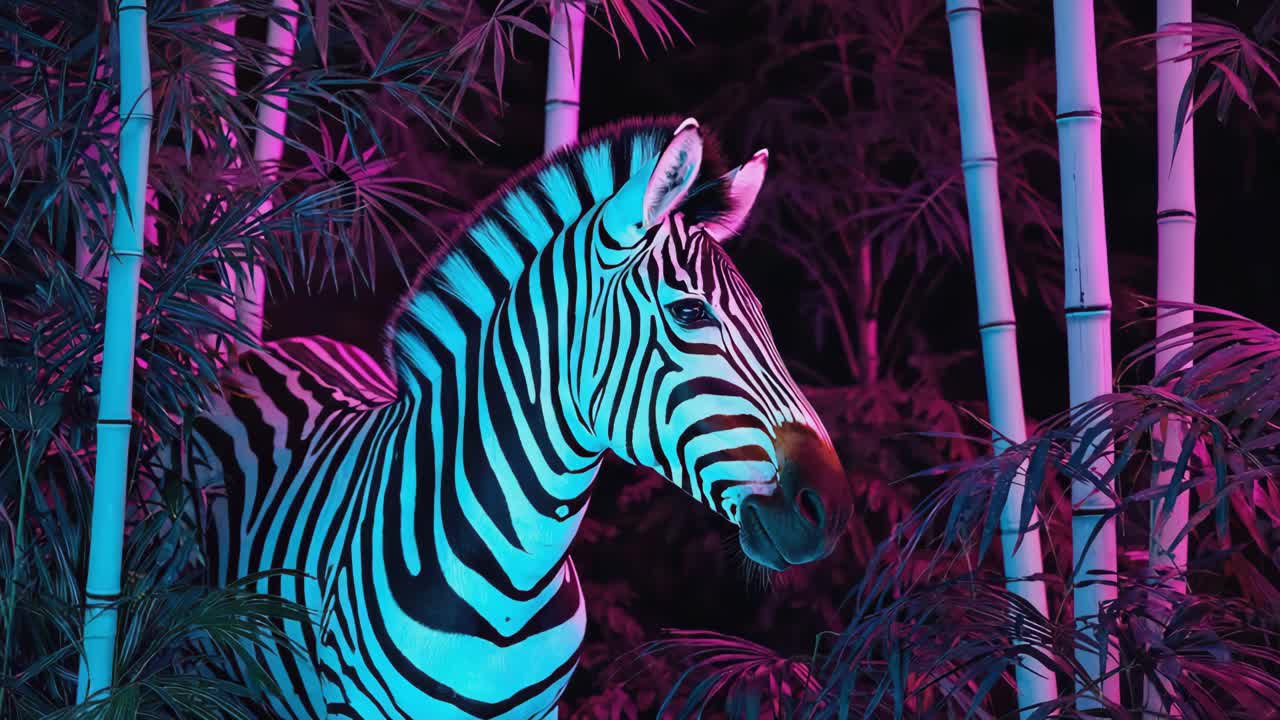Neon Zebra in Vibrant Bamboo Forest