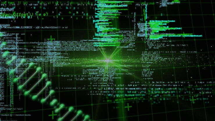 Animation of green lens flare over dna helix and programming language on grid pattern