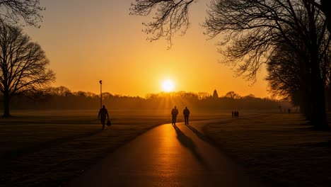 silhouetted figures strolling along a serene pathway at sunrise, bathed in golden light with trees silhouetted against the radiant sky
