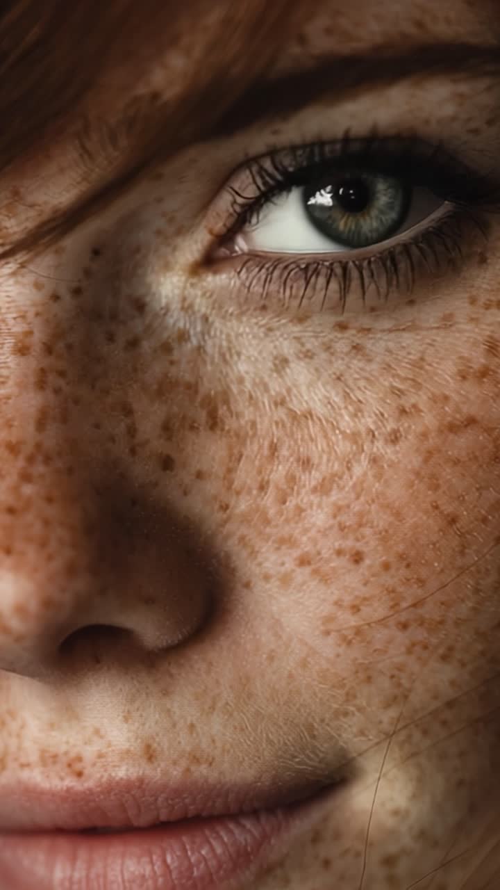 Un primo piano sulla bellezza delle lentiggini e degli occhi espressivi, che cattura le caratteristiche uniche di una rossa con dettagli mozzafiato.