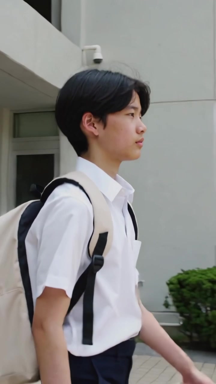 วิดีโอแนวตั้ง: วัยรุ่นสวมเสื้อเชิ้ตสีขาวสะพายเป้กำลังเดินเข้ามาจากทางซ้ายบนทางเดิน มีพื้นที่สำหรับข้อความ