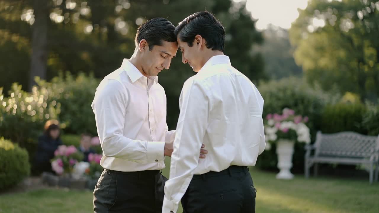 Adjusting man on left fastening partner's cuff in garden after spotting loose button, white shirts