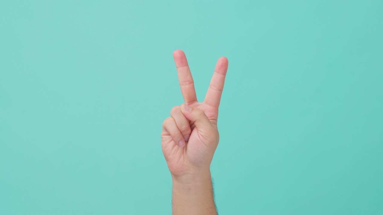 scatto ravvicinato di mano umana alzando, con segno v. l'uomo che mostra il gesto della mano in cui l'indice e le dita medie sono sollevate e separate per formare un v. visto in schermo blu isolato sullo sfondo.