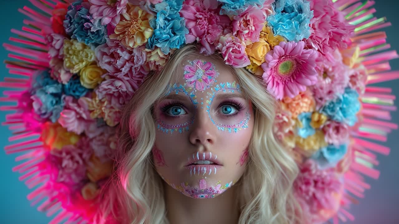 Uno splendido ritratto di eleganza floreale: bellezza accattivante adornata con fiori colorati e un'intricata arte del viso in un contesto onirico.