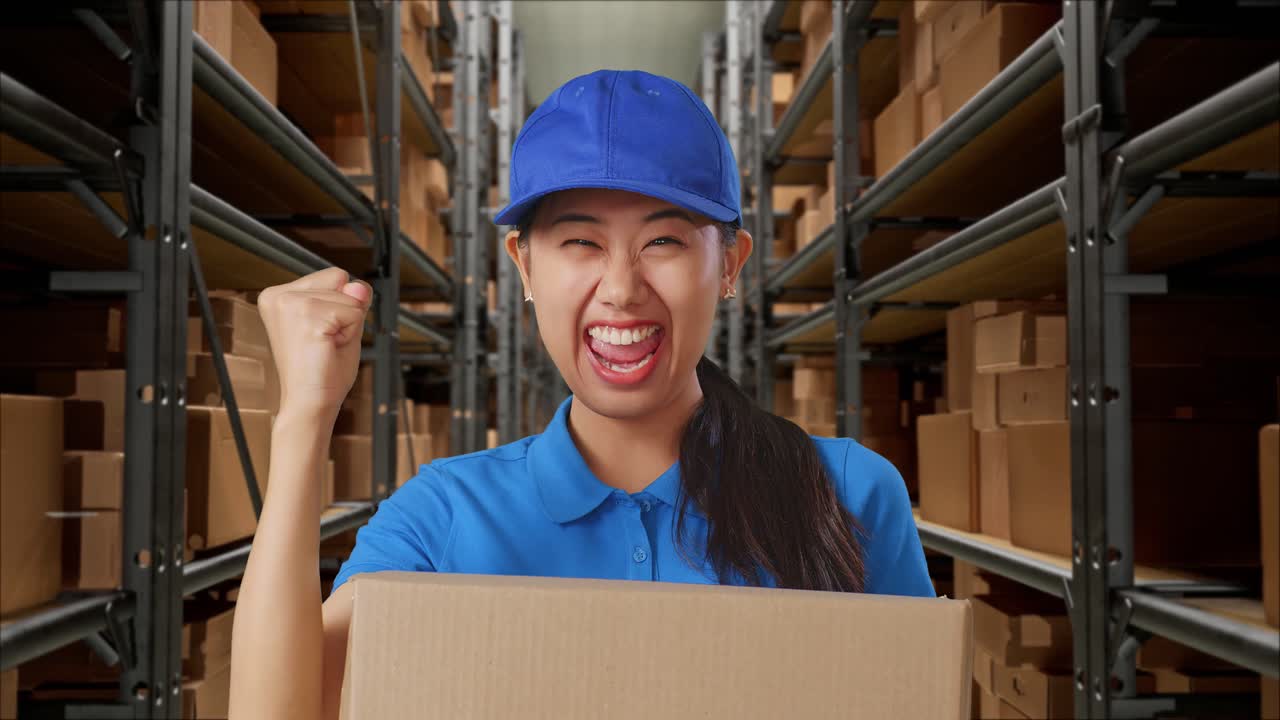 Close Up Of Asian Female Courier In Blue Uniform Celebrating Succeed Delivering A Carton In Warehouse