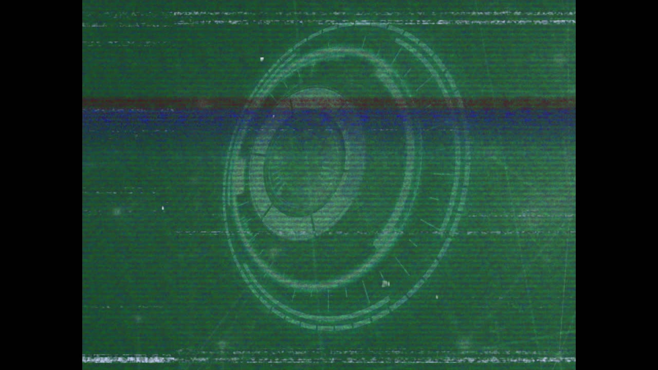 Animation of vhs effect over round scanner and network of connections against green background