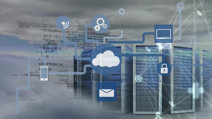 Animation of cloud icon with network of connections and data processing over computer servers