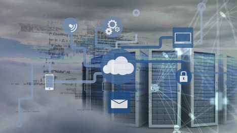 animation of cloud icon with network of connections and data processing over computer servers