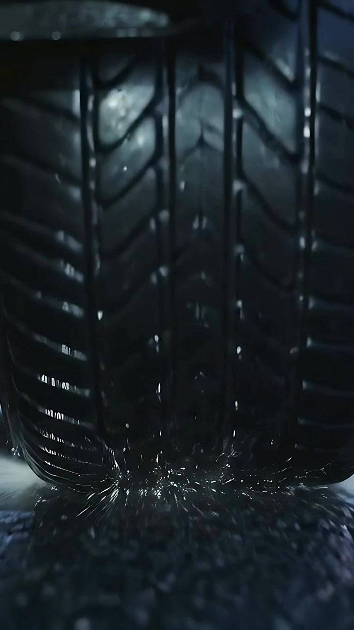 Vertical video: Vehicle starting, rolling car tire showing tread on wet asphalt, flicking stones