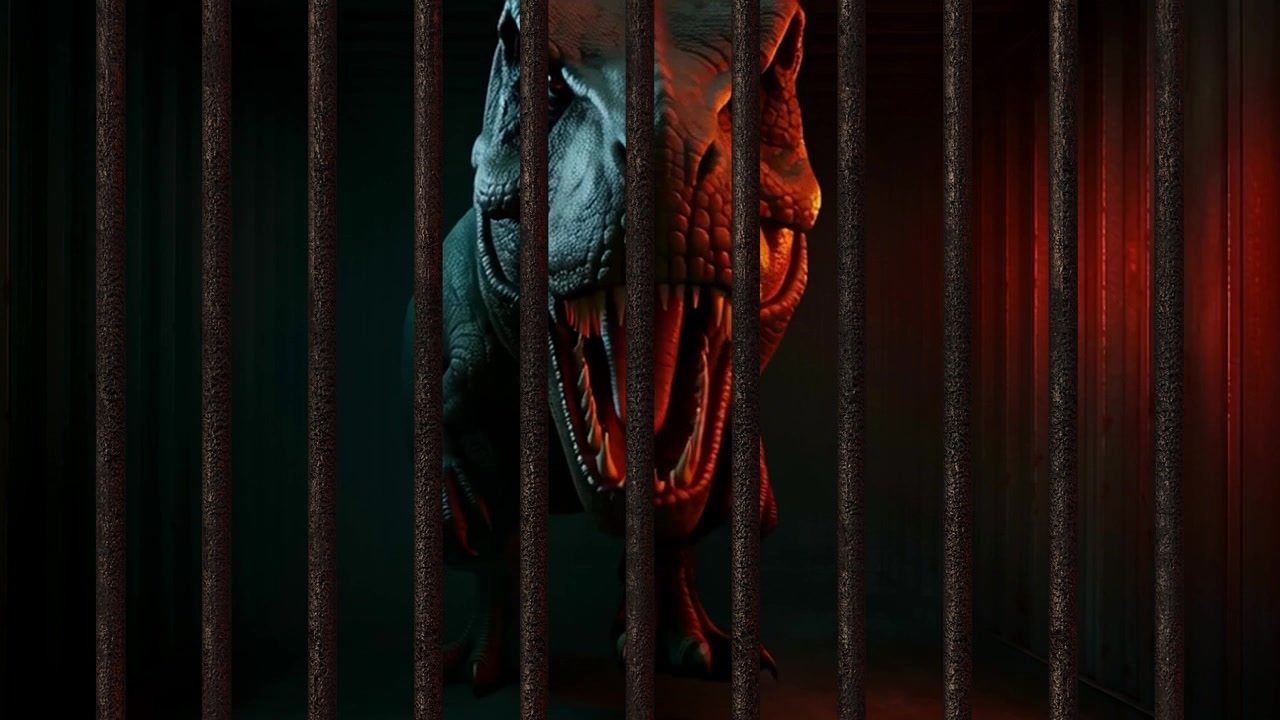 Aggressive Tyrannosaurus Rex Roaring Behind Metal Prison Bars