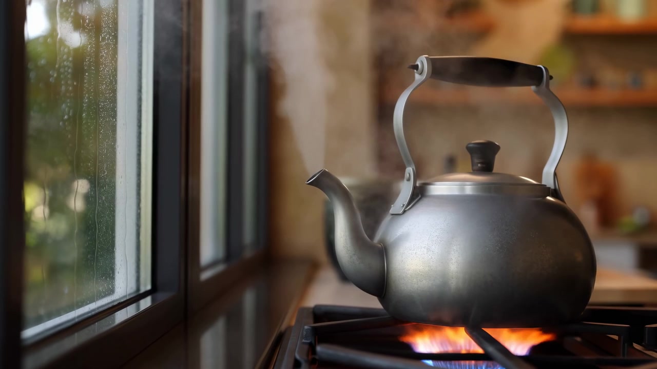 Un bollitore in acciaio inossidabile è posizionato su un fornello a gas con fiamma visibile e vapore che sale in una calda cucina domestica. Luce diurna soffusa entra da una finestra vicina mentre scaffali e oggetti domestici si sfocano sullo sfondo.