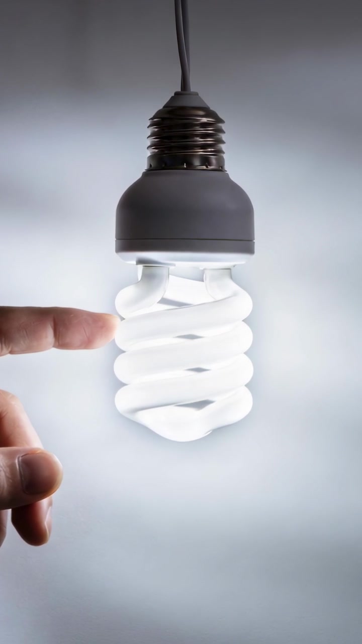 Video verticale: Un dito da sinistra traccia una lampadina CFL a spirale in studio su un cavo, controllandone il bagliore