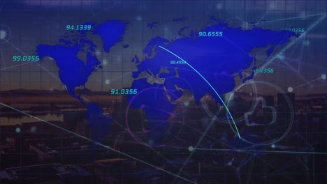 Animation-of-network-of-connections-and-world-map-with-data-processing-over-cityscape