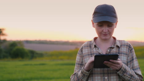 A-Female-Farmer-Works-In-A-Field-Using-A-Tablet