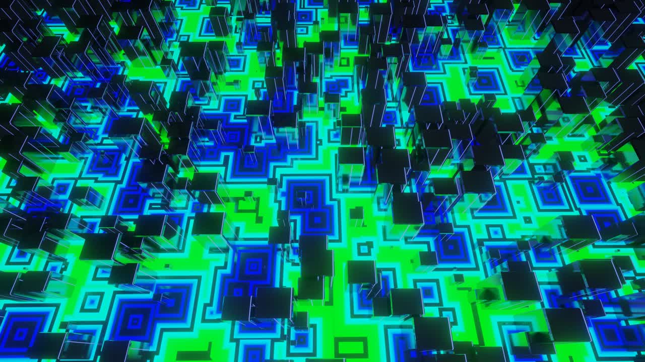 animación en bucle 4k. patrón de alta tecnología en superficie plana, brillo de neón, elementos y estructura complejos. objetos 3d forman composición de ciencia ficción en superficie patrón 3d. tecnología de la información, hardware futurista