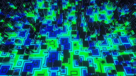 animación en bucle 4k. patrón de alta tecnología en superficie plana, brillo de neón, elementos y estructura complejos. objetos 3d forman composición de ciencia ficción en superficie patrón 3d. tecnología de la información, hardware futurista
