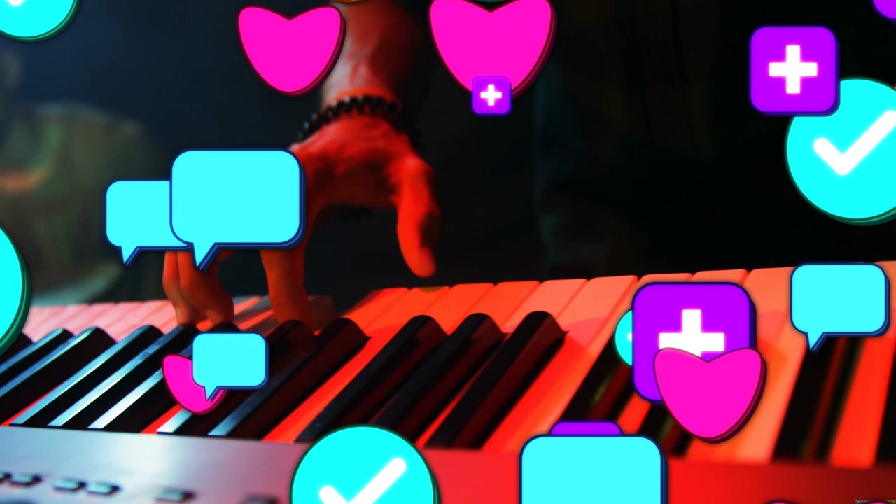Male musician playing keyboard, hands pressing keys as social icons rising, covering keys for music