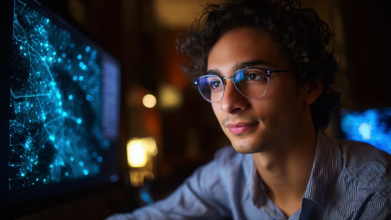 A focused individual immersed in technology, analyzing intricate data patterns displayed on computer screens, illustrating the blend of human intellect and advanced digital interfaces in a contemporary workspace