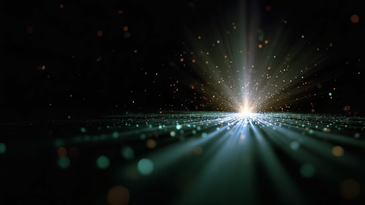 A mesmerizing display of light and particles emanating from a central source, creating an ethereal atmosphere with rays and sparkles captivating the viewer's gaze