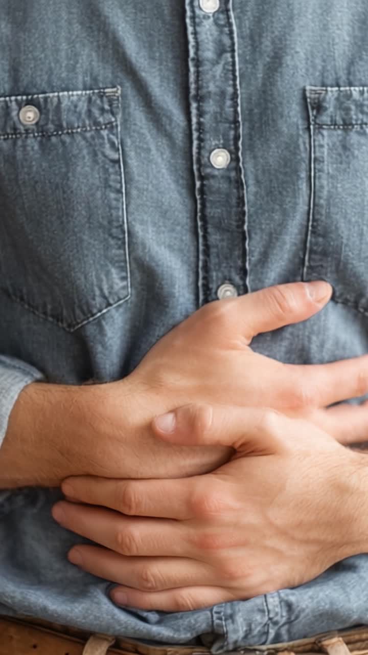Un Primo Piano delle Mani di un Uomo: Dal Tenersi lo Stomaco all'Estendere un Gesto, Esprimendo Emozione e Connessione.