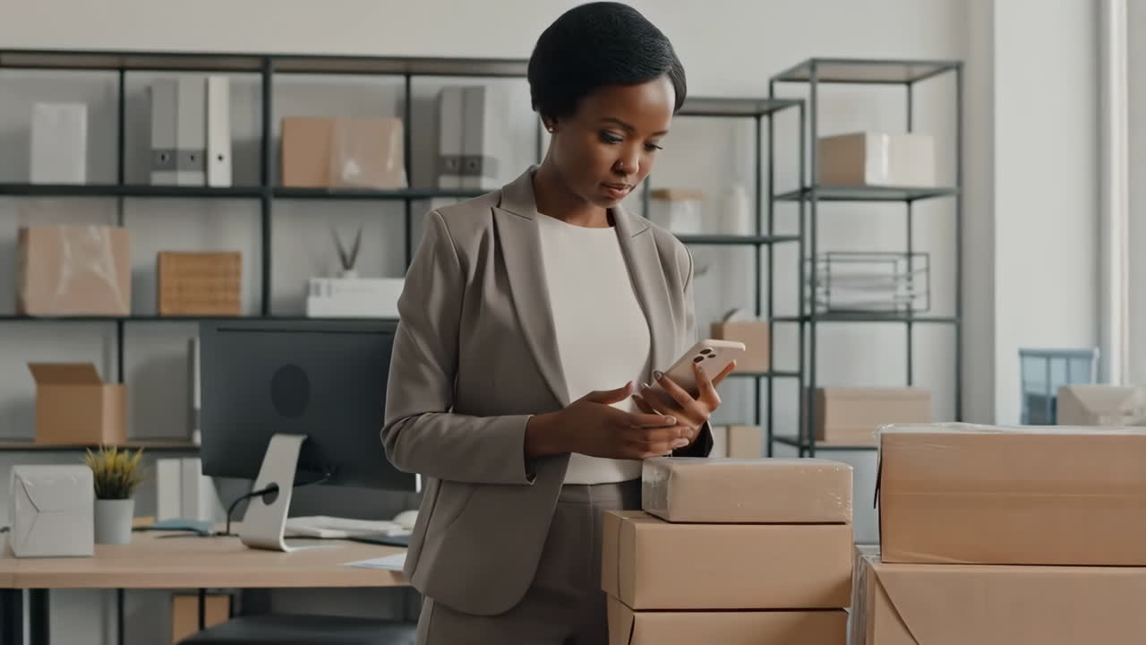 Businesswoman Managing Packages and Orders in an Office