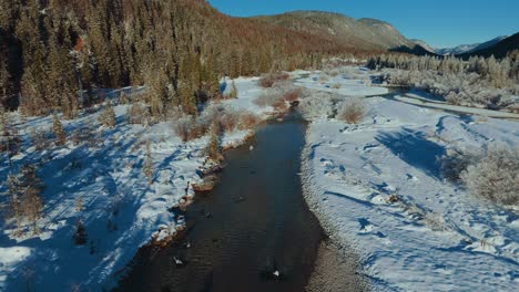 Isar-mountain-river-in-Bavarian-alps,-winter-snow-by-sunset