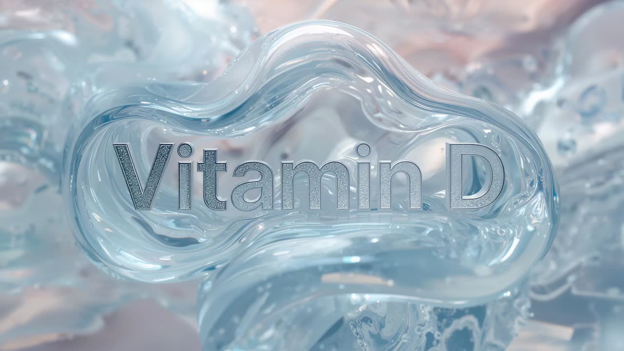 Rippling glossy capsule showing Vitamin D text with camera zoom, light sweep for emphasis in studio