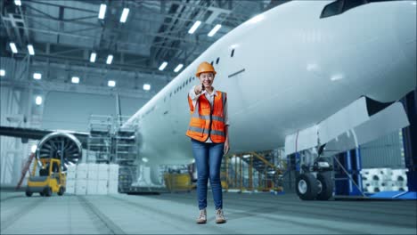 mujer ingeniera en el hangar de mantenimiento de aeronaves