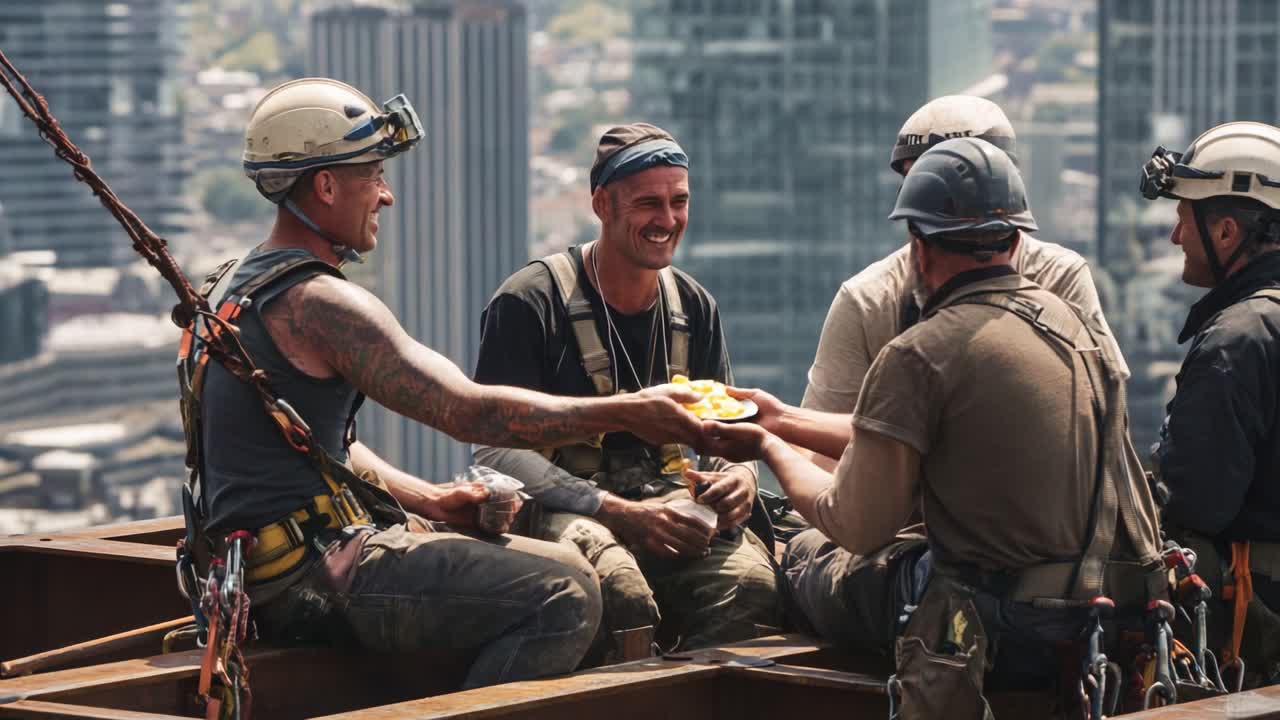 A Group of Skilled Construction Workers Taking a Well-Deserved Break at a High Altitude, Sharing Laughter and Camaraderie Amidst the Urban Skyline