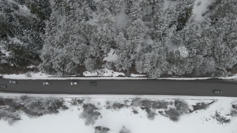 Eine-Luftaufnahme-Einer-Schneebedeckten-Straße,-Die-Durch-Einen-Dichten-Winterwald-Führt-Und-Einen-Atemberaubenden-Kontrast-Zwischen-Dem-Weißen-Schnee-Und-Den-Dunklen-Bäumen-Schafft