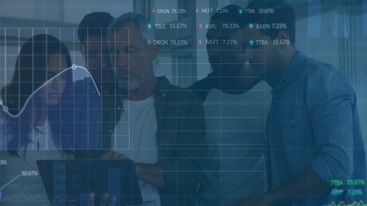 Animation of stock market data processing against diverse colleagues discussing together at office