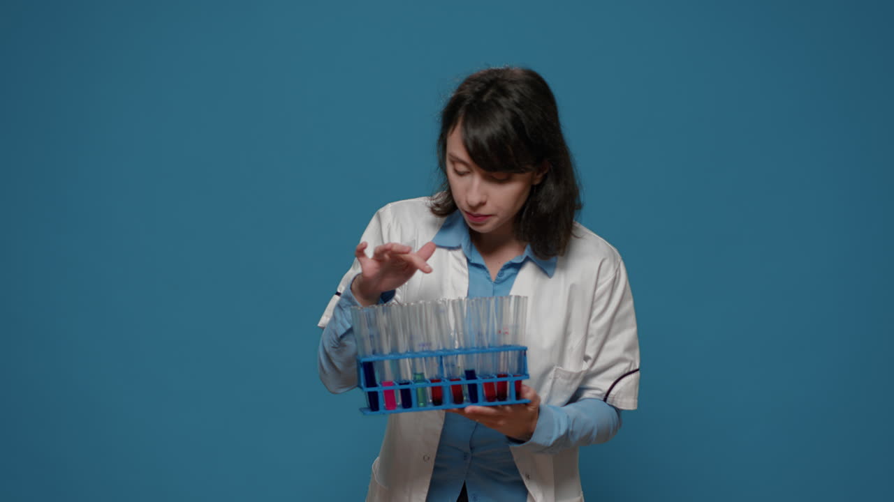 Biology researcher looking at test tubes with liquid substance