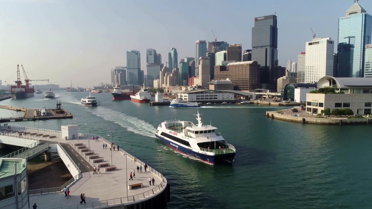 Aerial tracking passenger ferry traveling along harbor channel, carrying commuters past promenade