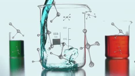 Animation-of-molecules-spinning-over-blue-liquid-pouring-into-laboratory-beaker