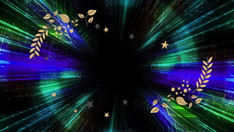 Radiating colorful light beams with gold stars and leaves in animation design